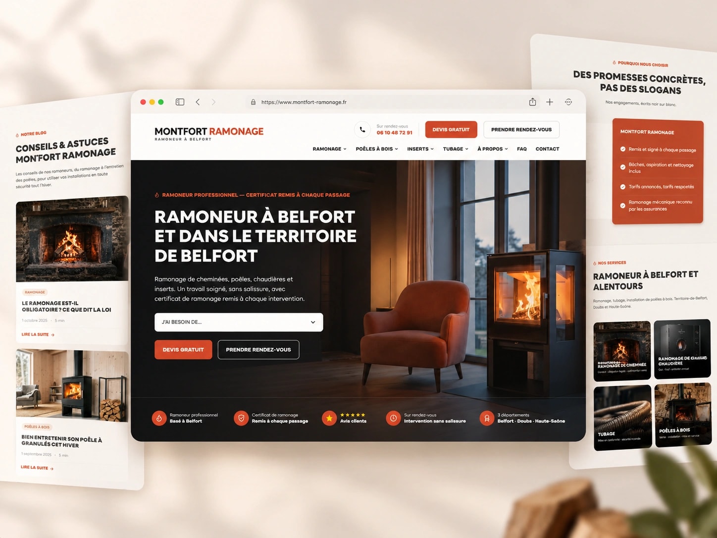 Aperçu du site Montfort Ramonage : page d'accueil, section avis et articles de blog