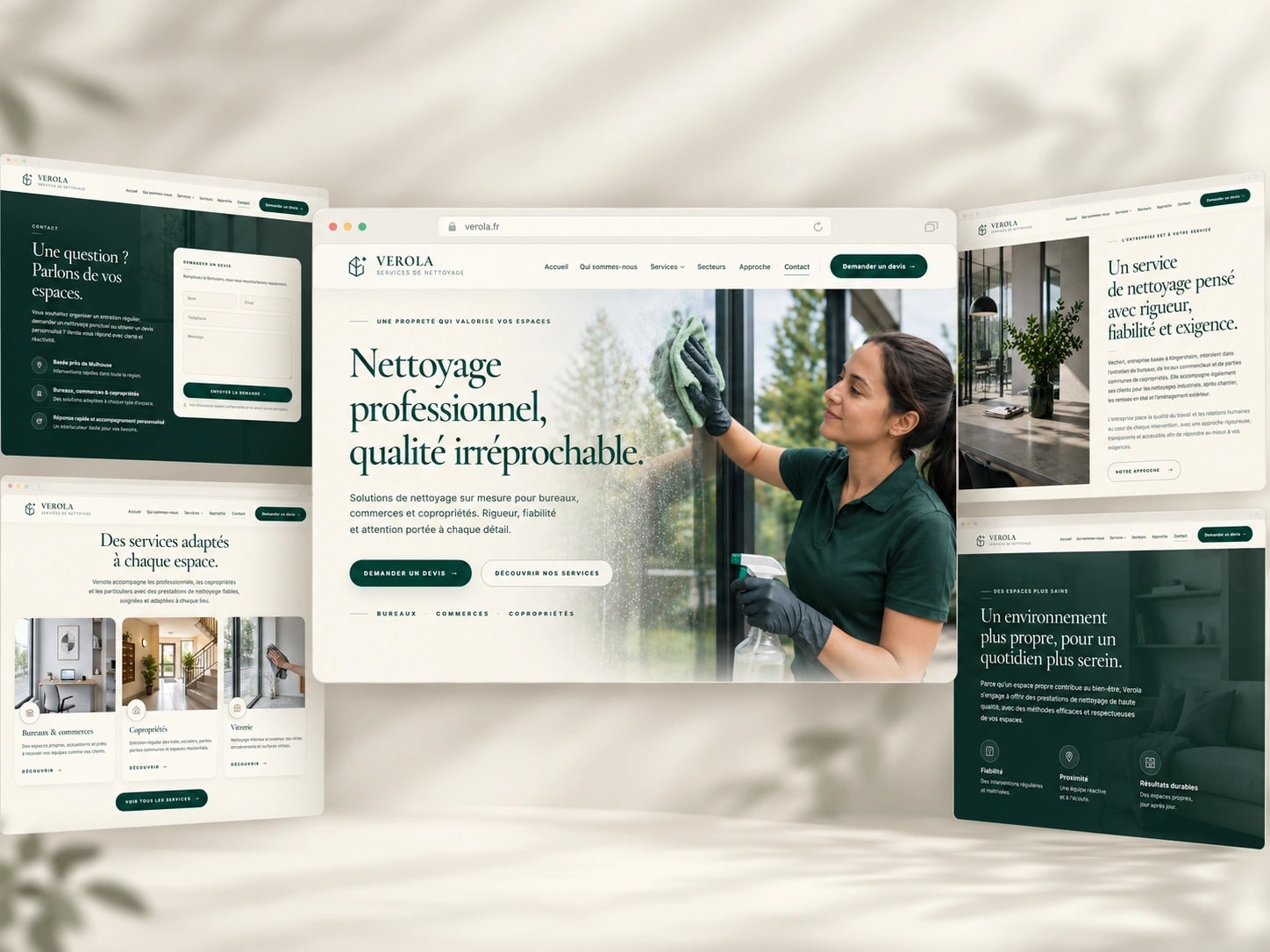 Aperçu du site Velora : accueil, services, page contact et page approche
